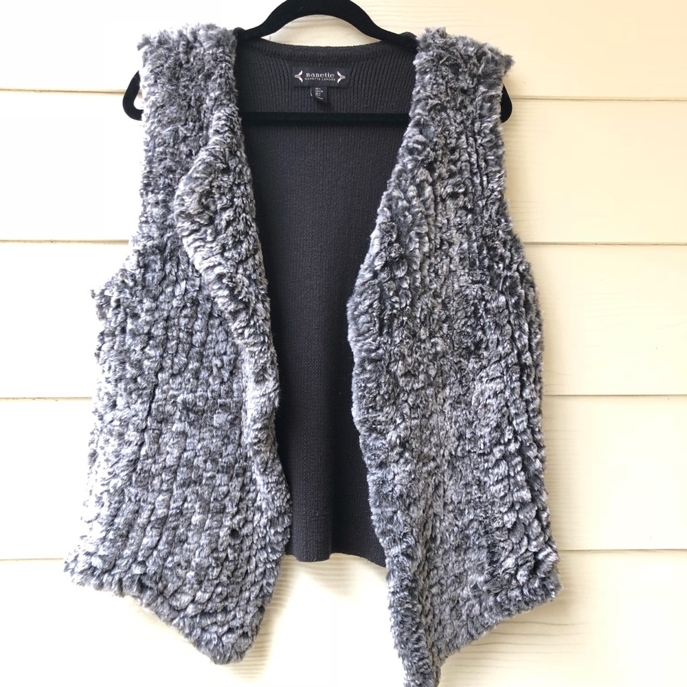Nanette Lepore Black Gray Faux Fur Vest Sweater